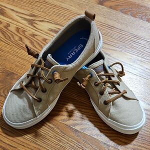 Sperry Beige Canvas Shoes with Brown Leather Laces